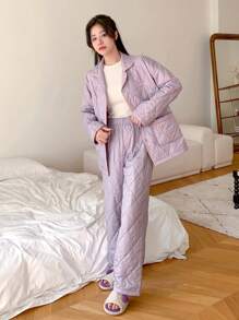 DAZY Thickened Embroidered Home Wear Suit With Letters - Purple - View 3