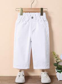 Retro Dễ thương Eo cao Lỏng lẻo phù hợp Em bé Cô gái Denim Quần ống rộng Với Đàn hồi Dây thắt lưng - trắng - Xem 1