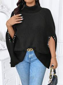Calvaya Kích thước lớn Của phụ nữ Trân châu Trang trí Cổ cao Áo chui đầu Áo len - màu đen - Xem 6