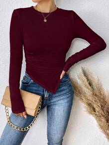 SHEIN Essnce Women's Solid Color Asymmetric Hem T-shirt - Rose Red - View 6