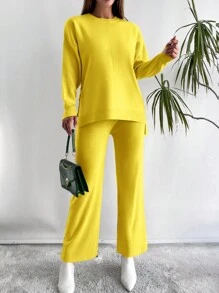 EURMUSE 女款純色落肩毛衣針織褲套裝 - 芥末黃 - 查看 1