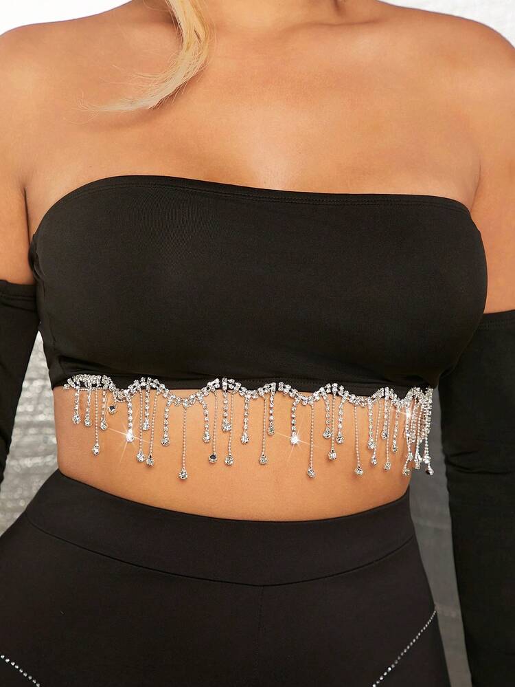 Women's Sexy Strapless Top With Rhinestone Chain And Fringe Hem Design, New Year Party Top