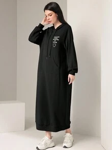 Mulvari Women's Letter & Heart Printed Hooded Sweatshirt Dress With Kangaroo Pocket And Drawstring - Black - View 5