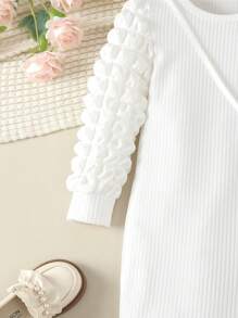 SHEIN 小女孩休閒泡泡袖連衣裙帶手提包 - 白色 - 查看 5