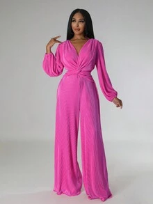Women's Fashion Spring & Autumn Twist Back Tie Lantern Sleeve Wide Leg Jumpsuit - Hot Pink - View 4