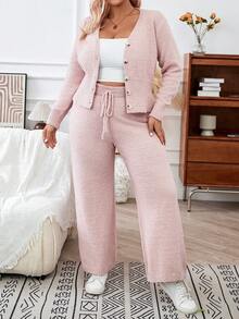 Calvaya Women's Plus Size Solid Color Button Up Cardigan Sweater And Wide Leg Pants Set - Pink - View 5