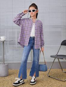 SHEIN Tween 女童落肩格紋連帽襯衫 - 紫色 - 查看 5