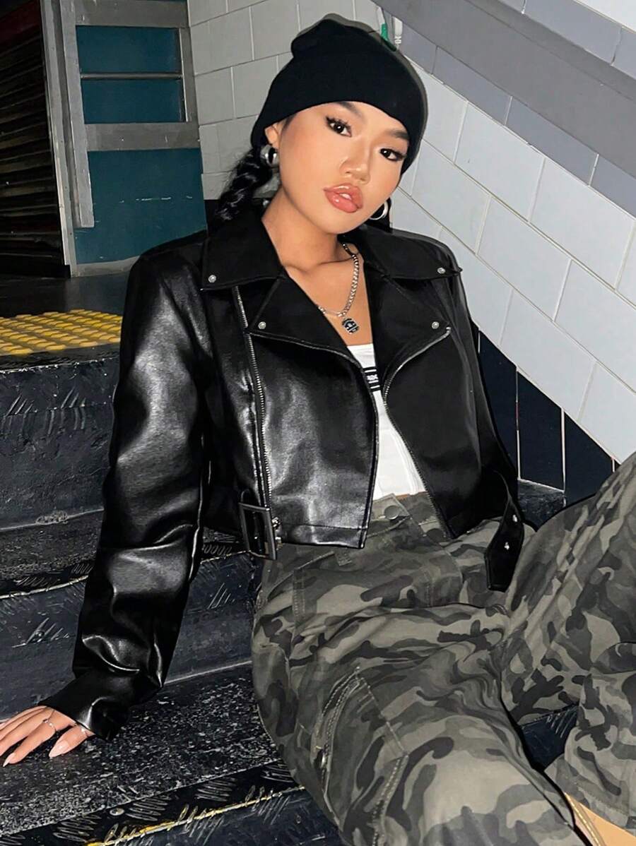 SHEIN EZwear Shortened Pu Motorcycle Jacket - Black - View 1