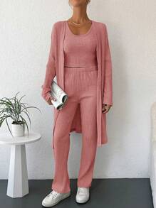 RueChic Bộ 3 món áo không tay màu trơn và quần dài kèm áo khoác cho nữ, trang phục thường ngày - Hồng - Xem 3