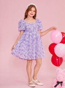 SHEIN 青少女用編織3D花卉方領蓬蓬袖洋裝 - 淡紫色 - 查看 6