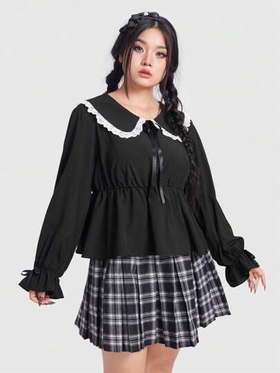 Kawaii Plus Size Ladies' Lace Trimmed Ruffle Hem Shirt