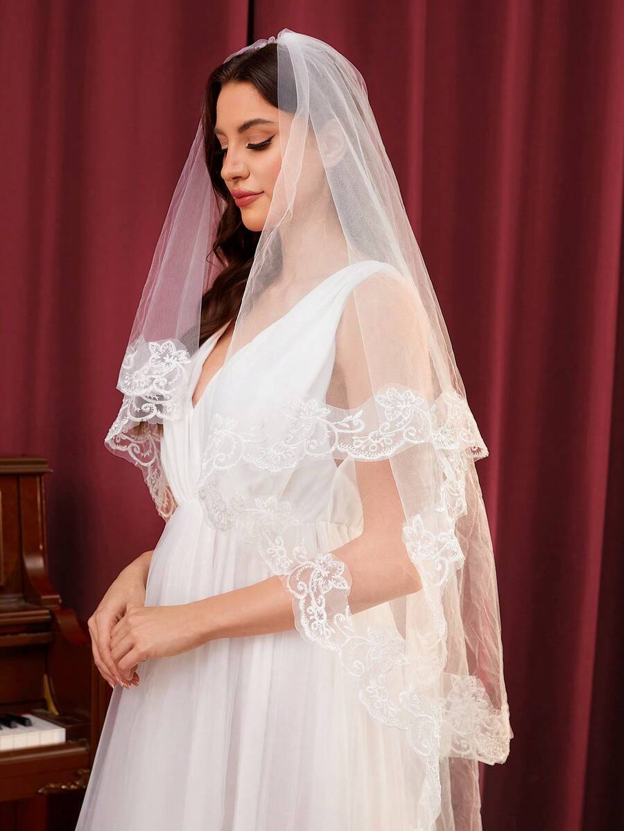 SHEIN Belle Ren Thiết kế Lễ cưới Đầu Màng che mặt - trắng - Xem 1