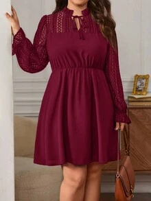 SHEIN Frenchy 加大碼蕾絲拼接荷葉袖裙 - 酒紅色 - 查看 4