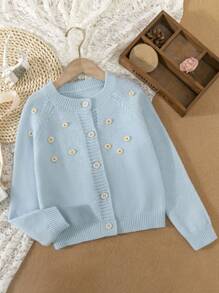 SHEIN 小女孩花朵裝飾拉幫袖釦前針織衫,搭配3d花朵襯托 - 淺藍色 - 查看 1
