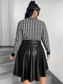 SHEIN Privé Kích thước lớn In Houndstooth Vá lại Dây kéo mặt trước Đầm - Đen và trắng - Xem 2