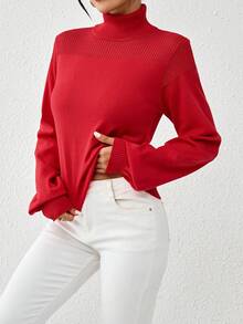 SHEIN Essnce 女式高領燈籠袖毛衣 - 紅色 - 查看 5