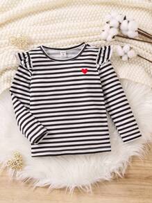 SHEIN 小女孩條紋心形圖案長袖t恤 - 黑與白 - 查看 1