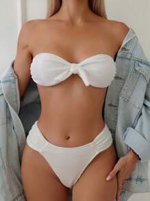 SHEIN Swim Summer Ribbed Knitted Bikini Set With Front Knot Detail