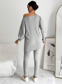 EURMUSE Women's Asymmetrical Shoulder Ribbed Top And Pants Two Pieces Set - Grey - View 2