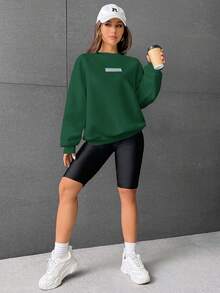 SHEIN EZwear Women's Knitted Round Neck Sweatshirt - Dark Green - View 5