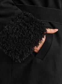 Modelyn Plus Fuzzy Cuff Belted Overcoat - Black - View 6