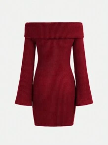 SHEIN Leap Crew Teen Girls' Rib Knit Off-shoulder Foldover Bell Sleeve Casual Dress - Burgundy - View 2
