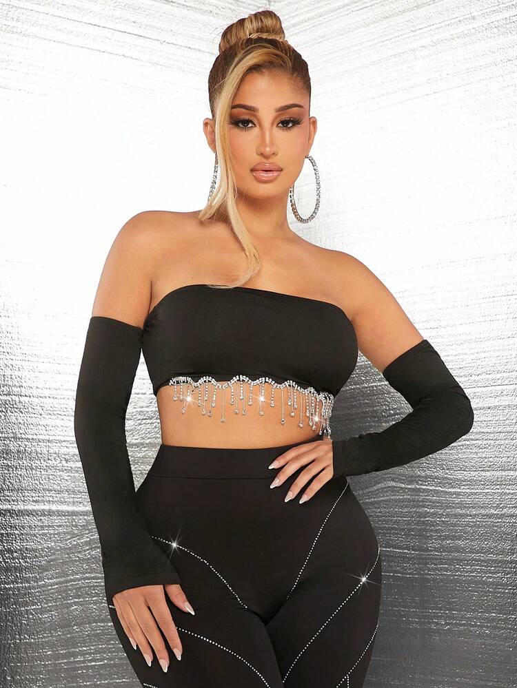 Women's Sexy Strapless Top With Rhinestone Chain And Fringe Hem Design, New Year Party Top