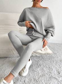 EURMUSE Women's Asymmetrical Shoulder Ribbed Top And Pants Two Pieces Set - Grey - View 1