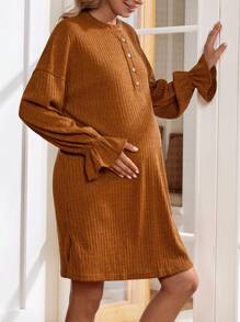 SHEIN Maternity Ruffle Sleeve Nursing Dress - Brown - View 5