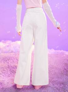 ROMWE X Care Bears Cartoon Bear Print Wide Leg Jeans - White - View 2