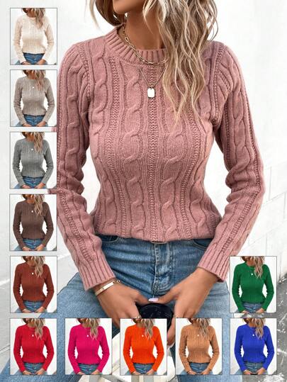Calvaya Cable Knit Round Neck Sweater,Long Sleeve Tops Knit Pullover Fall Winter Outfit