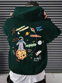 Manfinity Men Plus Astronaut & Slogan Graphic Kangaroo Pocket Drawstring Hoodie - Green - View 1