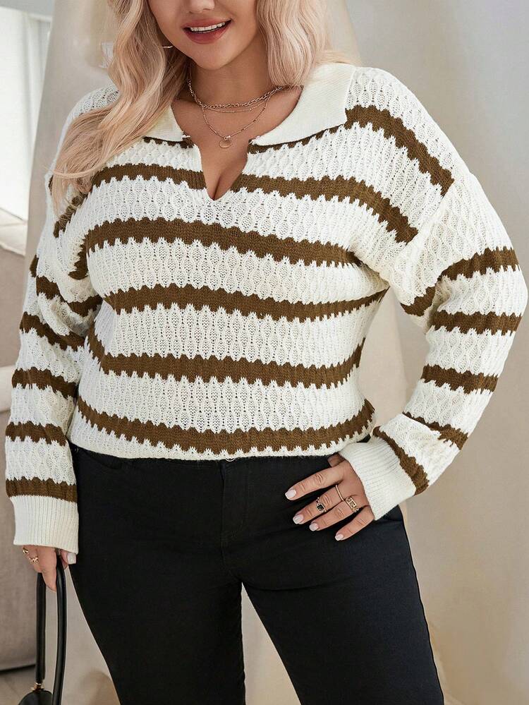 Plus Size Striped Drop Shoulder Pullover Sweater Knit Pullover Fall Winter Sweater