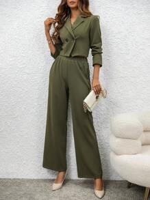 SHEIN Privé 女士雙排扣西裝外套和褲子套裝 - 軍綠色 - 查看 6