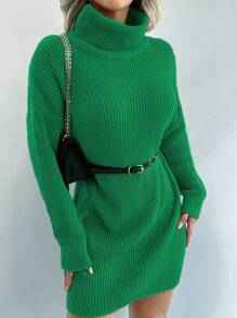 EURMUSE Turtleneck Drop Shoulder Sweater Dress Without Belt - Green - View 3