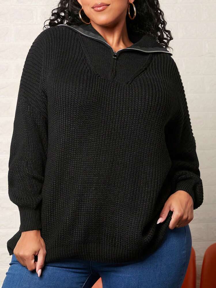 Plus Half Zip Drop Shoulder Sweater