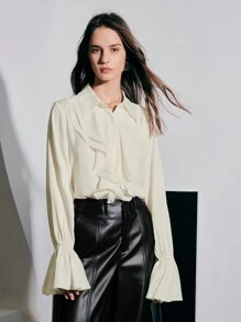 Anewsta Flounce Hem Flared Sleeve Shirt - White - View 1