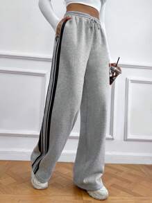 SHEIN Unity Loose Fit Stripe Pattern Straight Leg Athletic Pants - Light Grey - View 6