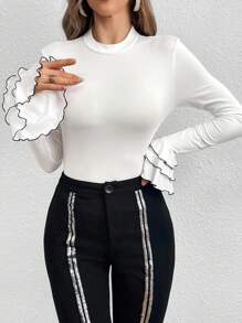 SHEIN Privé 女款對比邊緣多層袖t恤 - 白色 - 查看 1