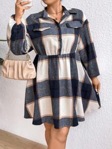 Calvaya Plus Size Plaid Lantern Sleeve Dress - Royal Blue - View 5