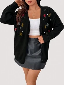 Celure Plus Christmas Star Embroidery Drop Shoulder Cardigan