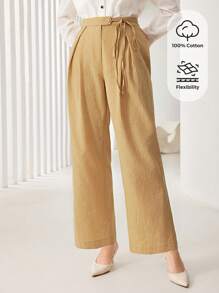 Seusyu Pantalones de pierna ancha de talle alto con cinturón - Albaricoque - Ver 1