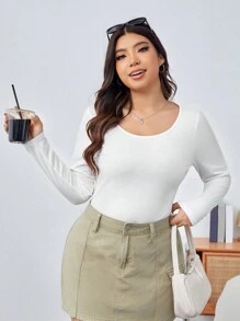 SHEIN EZwear 大尺碼圓領純色修身 T 卹 - 白色 - 查看 1
