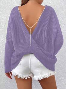 Celure Áo len chui đầu thả vai chuỗi ngọc trai cỡ lớn cho nữ - Màu tím - Xem 7