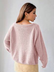 SHEIN EZwear Áo len tay raglan màu trơn họa tiết hoa anh đào mùa đông rộng rãi và thoải mái dành cho nữ - Hồng - Xem 2