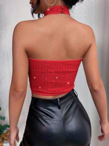 SHEIN BAE 閃粉短款露背上衣 - 紅色 - 查看 2