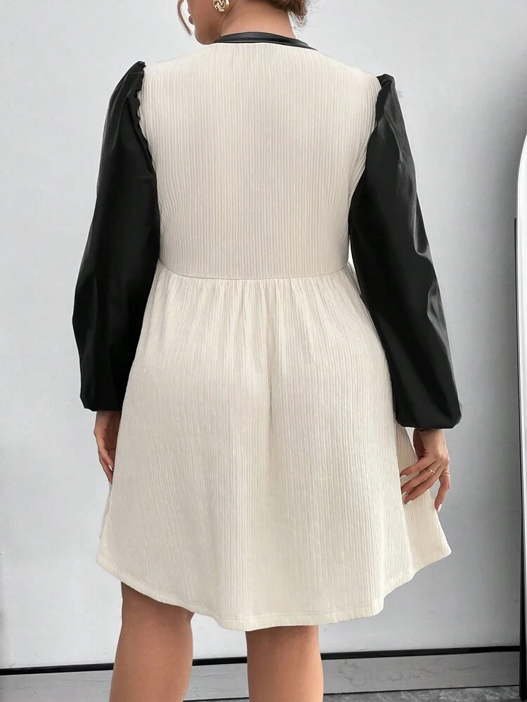 Plus Size Color Block Round Neck Long Sleeve Dress With Faux Pearl Button