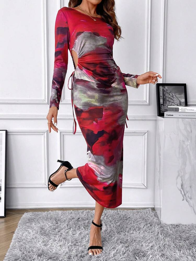 Round Neck Floral Print Drawstring Waist Hollow Out Dress