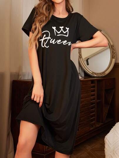 Letter Printed Long Pajama Nightdress, Moo view 4