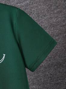 SHEIN Tween Girl Smiling Face Printed Short Sleeve T-Shirt - Dark Green - View 3